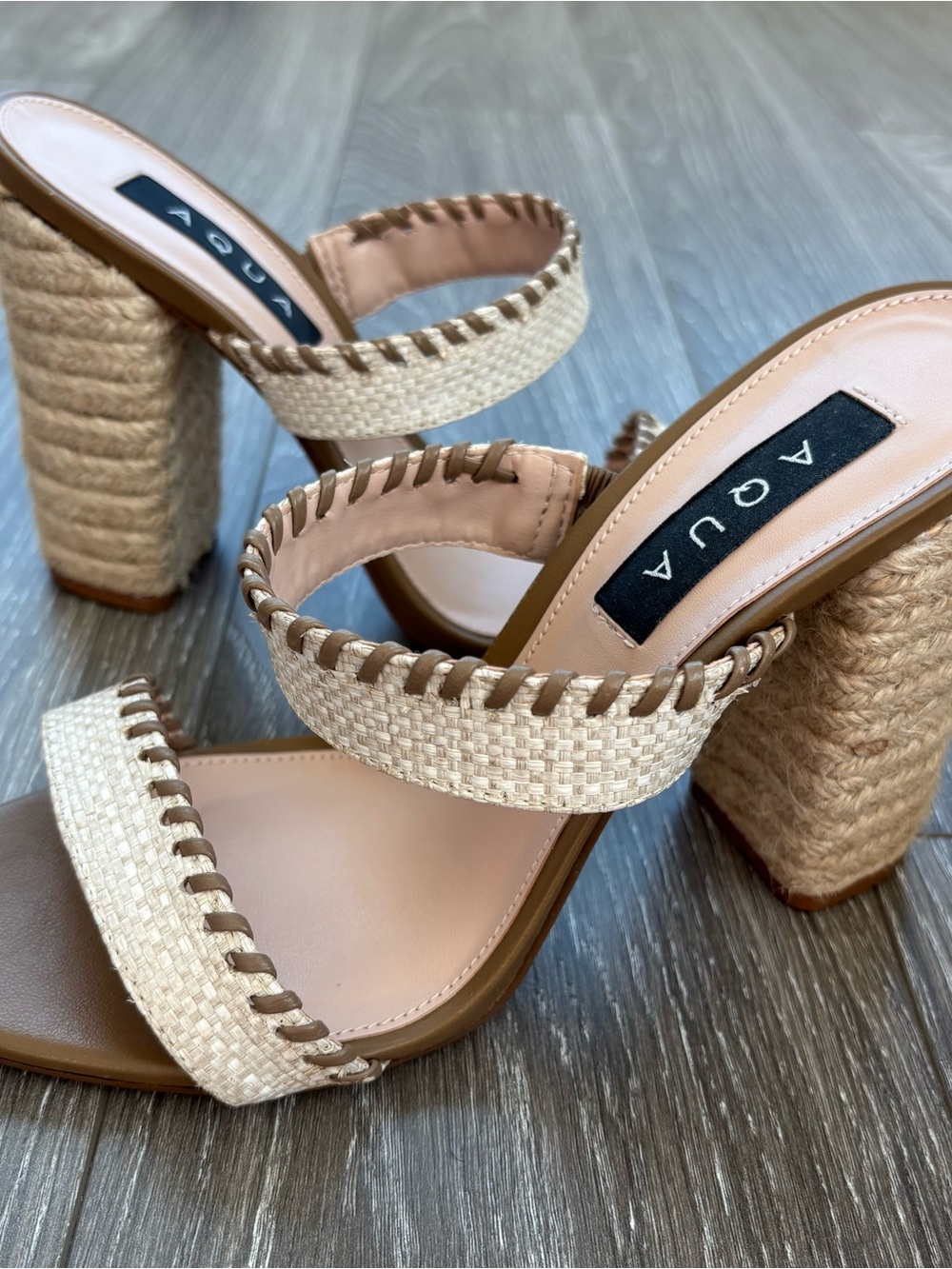 Aqua Beige Woven Espadrille Block Heel Sandal